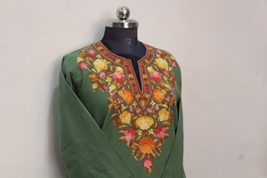 Green Embroidered Kurta Floral neckline Long Sleeve Indian Pakistani <b>Top</b> for Women - Product Image 1