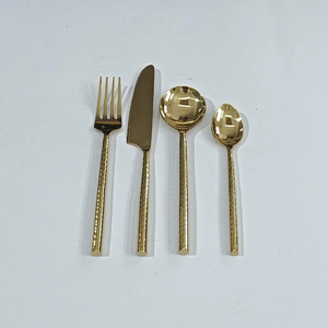 Golden Hammered Finish Flatware Set with Mirror Polish <b>Knife</b> <b>Fork</b> <b>and</b> Spoons Modern Luxury Design Dishwasher Safe Metal Cutlery - Product Image 1