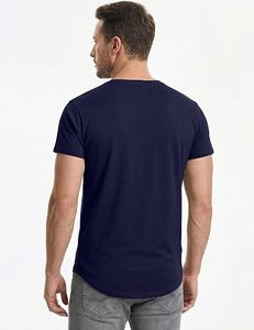 Camiseta de Manga Corta para Hombre, Cuello Redondo, Color Sólido, Corte Regular, Tejido de Punto, Diseño Liso, Largo Extendido, Gris, Azul Marino - Product Image 4