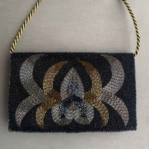 Handmade Beaded Floral Purse Bag Rectangular Shape Black <b>Silver</b> Gold Embroidery Craft Art Collectible - Product Image 1