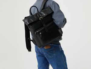 Rugged Leather <b>Roll</b> Top <b>Backpack</b> Crazy Horse Cowhide Travel Bag Mens Retro Laptop Rucksack Outdoor Gear LTBP-0021 - Product Image 5