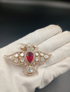 Broche en forme d'aigle avec doublet rouge en argent, bijou pour mariage indien, pierre polki sur broche pour homme, bijoux faits à la main - Product Image 4