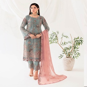 Ramsha rangoon ชุดเดรสสำหรับผู้หญิง, ชุดเดรสยาว10ปากีสถานชุดสูทผ้าชีฟอง3ชิ้นปักสำหรับงานปาร์ตี้ - Product Image 1