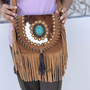 Sac à main en cuir de vachette à motif western, sac bandoulière bohème à franges, sac élégant, petit sac en fourrure de vachette très tendance - Product Image 1