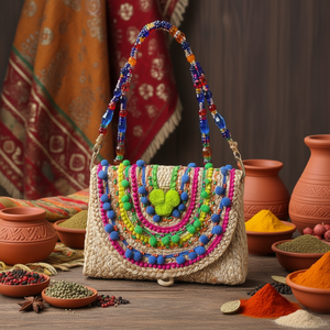 Sac à main de luxe traditionnel indien, multicolore, orné de perles de verre, artisanat durable, poignée baguette haut de gamme, fournitures de perlage décontractées - Product Image 3