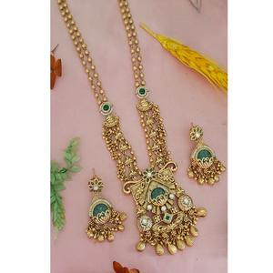 Conjunto de Collar Largo y Pendientes de Moissanita y Kundan, Chapado en Oro, Estilo Clásico y Elegante, Joyería para Mujer, Ideal para Compromiso y Boda - Product Image 1