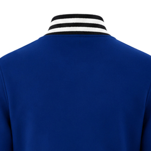 Veste universitaire bleu roi avec broderie dorée de lettres grecques, bordure rayée noir et blanc, boutons-pression, tenue d'équipe universitaire - Product Image 6