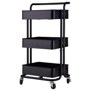 Carrello portaoggetti a 3 livelli per cucina domestica, con maniglia, nero, in metallo e plastica YS, per attrezzi, pentole, bevande, alimenti, borse, camera da letto - Product Image 1