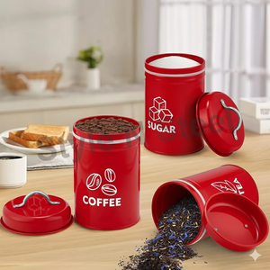 กล่องเก็บบิสกิตสีแดงกาแฟชาและน้ำตาลที่เก็บกระป๋องสแตนเลสสตีล - Product Image 1