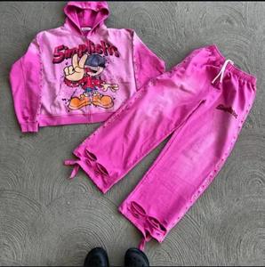Heavyweight 100% Cotton <b>Men</b>’s Hoodie Set Acid Wash Custom Pullover Distressed Sweatshirt and Sweatpants - Product Image 5