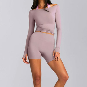Elastic Tight Women Gym Body Fit Compression Wide Shoulder Yoga Top Summer Casual High Stretch <b>Long</b> Sleeve Sweat Wicking Top - Product Image 3