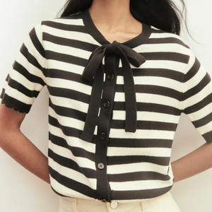 Cardigan rayé à manches courtes pour femme avec col à nœud, longueur courte, 100 % coton, style nautique, toutes saisons, coupe classique - Product Image 1