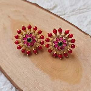 <b>Red</b> Pearl Gold Finish Round Hoop <b>Earrings</b> for Wedding Party - Product Image 1