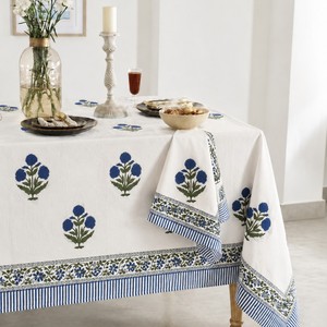 Eco-Friendly 100% Cotton <b>Tablecloth</b> Handcrafted Modern Floral Artisan Design Hand Block Printed Customizable Washable Cover - Product Image 2