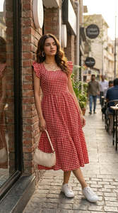 Vestido midi sin mangas a cuadros rojos, vestidos casuales para mujer con tela ligera, estilo moderno y a la moda, ajuste cómodo. - Product Image 3