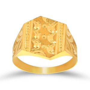 Chillai Worked Hexa <b>Men</b> Gold <b>Ring</b> 24K Gold Hexagonal Signet <b>Ring</b> with Intricate Crescent Moon and Floral Engraving - Product Image 1
