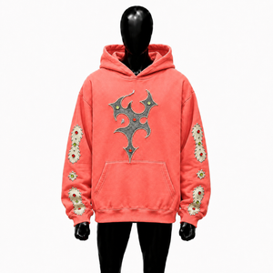 Sudadera con Capucha Gótica Rosa Coral con Diseño de Cruz con Tachuelas y Mangas Adornadas con Pedrería, Sudadera Unisex Estilo Urbano Informal - Product Image 1