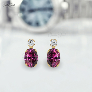 Handmade 14k Solid Gold Natural 7x5mm Oval Cut Rhodolite <b>Garnet</b> & Diamond Accent <b>Earrings</b> Wholesale Supplier From India - Product Image 4