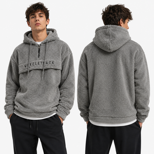 Felpa con <span class=keywords><strong>Cappuccio</strong></span> Personalizzata da <span class=keywords><strong>Uomo</strong></span> in Pile Grigio con <span class=keywords><strong>Mezza</strong></span> <span class=keywords><strong>Zip</strong></span>, Oversize, Casual, Invernale, con Logo Stampato sul Davanti - Product Image 1