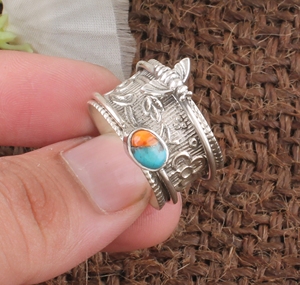Anillo de Plata de Ley 925 con Turquesa Natural de Ostra y Bisel de Abeja Shree Jaipur, Hecho a Mano, Clásico, para Mujer - Product Image 4