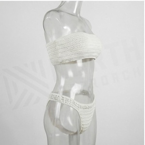 White Crocheted Bandeau Bikini Set Women 2 Piece Solid Stretch Thong Bottom Swimwear - Product Image 3