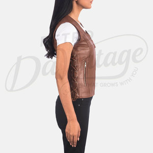 Premium <b>Women</b> <b>Brown</b> Real Leather <b>Vest</b> Side Lace Up Design Slim Fit Sheepskin Motorcycle Waistcoat Classic Biker Gilet - Product Image 5