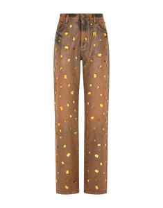 Jeans de Mezclilla de Cintura Alta y Pierna Recta con Estampado Dorado, Estilo Casual de Algodón para Otoño, para Mujer - Product Image 1