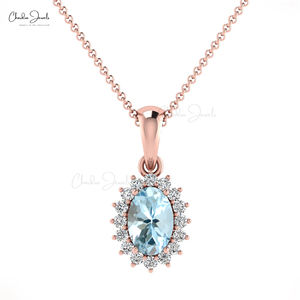 Producto en Oferta, Colgante de Aguamarina Brasileña con Corte Ovalado de 6x4 mm, Halo de Diamantes en Oro Fino de 14k, Joyería de Boda al Mejor Precio - Product Image 2