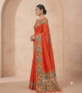 Tissue Dola Silk Bentex <b>Gap</b> Border With Lining Weave & Floral Digital Print Border - Product Image 2