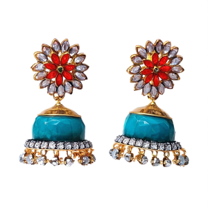 Ethnic <b>Red</b> Stone Embellished Jhumka <b>Earrings</b> with Turquoise and Zircon - Product Image 2