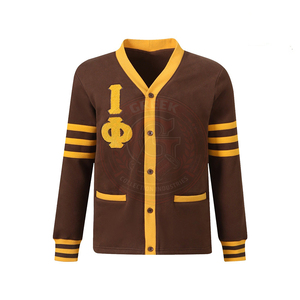 Cárdigan para Hombre Fraternidad Iota Phi T, Marrón Amarillo, 100% Algodón, Tejido de Felpa, Bordado con Letra Griega, Cuello en V, Manga Larga - Product Image 1