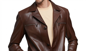 Men's Brown Genuine Leather Jacket Turn-down Collar Zipper Pockets Casual Winter Wear <b>Waterproof</b> Breathable Quick Dry - Product Image 3