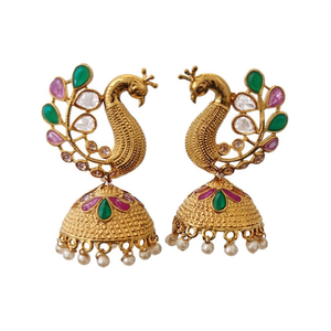 Antique Style Jumki Earrings-Gold Plated Brass Zircon Pearl Diamond-Vintage Ethnic Bohemian Religious Design for Party Wedding - Product Image 2