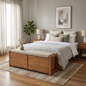 Luxurious Solid Teak Wood End Of Bed <b>Bench</b> With Upholstered <b>Cushion</b> Double Storage Drawers Modern Bedroom Furniture Best Quality - Product Image 6