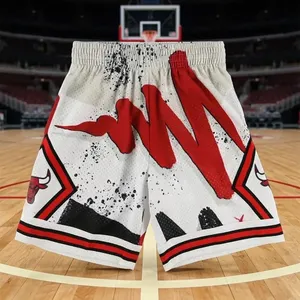 Shorts de basketball pour hommes, blanc, rouge, noir, imprimé géométrique, taille haute élastique, fermeture à cordon, séchage rapide, respirant, en toile - Product Image 5