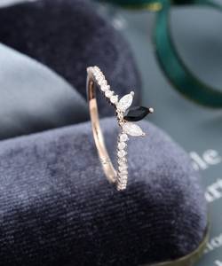 Black Onyx Curved wedding band <b>Silver</b> Moissanite Diamond Wedding Band Vintage Marquise Cut <b>Stacking</b> Unique Bridal Anniversary - Product Image 4