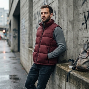 Chaleco Acolchado Borgoña para Hombre, Cuello Alto, Cierre de Cremallera, Ropa de Calle para Invierno, Etiqueta Privada Personalizada, Reversible por Delante - Product Image 6