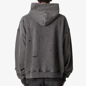 Sudadera con capucha extragrande para hombre, de algodón grueso, estilo desgastado, con rotos, estilo urbano, holgada, con logo personalizado, informal. - Product Image 4