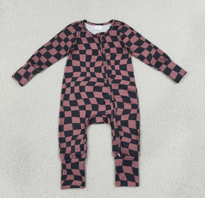 Monos convertibles con cremallera bidireccional para bebés, color marrón y negro, con estampado de tablero de ajedrez, para otoño - Product Image 1