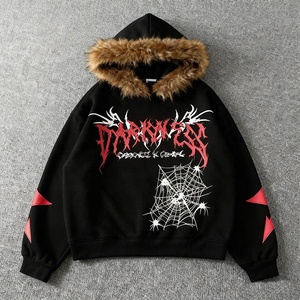 Sudadera con capucha y cremallera para hombre, estilo oversize, con cuello de piel, hombros caídos, diseño gráfico personalizado, estilo vintage, tejido grueso de 500g, de fabricante de ropa urbana. - Product Image 1