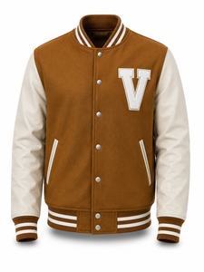 Chaqueta Varsity Unisex Marrón con Mangas Blancas, Letra V Bordada en el Frente, Estilo Preppy, Cuello Camisero, Casual de Invierno, Patchwork - Product Image 1