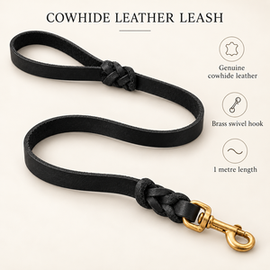 Laisse pour chien classique en cuir noir uni avec boucle réglable, nœud tressé et quincaillerie dorée - Product Image 2