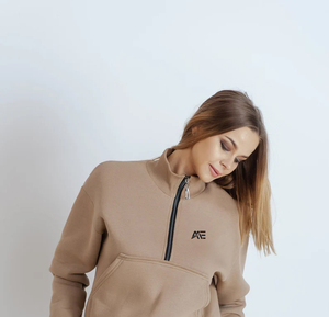 Wholesale Women Beige Half Zip Sweatsuit Set Custom Logo Fleece Jogger Outfit Women's Hoodies & Sweatshirts Manufacturer - Product Image 4
