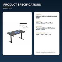 Bureau d'ordinateur de jeu électrique à hauteur réglable avec plateau en verre RGB, avec préréglages de mémoire pour le bureau à domicile