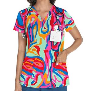 Unisex Customized Printed Scrub Top Short Sleeve V-Neck Polyester Woven Hospital Uniform Blouse with <b>Name</b> <b>Tag</b> Pocket - Product Image 6