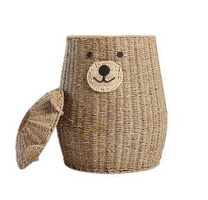 Cute Bear Shaped Seagrass Storage <b>Basket</b> <b>with</b> <b>Lid</b> Handwoven Animal Toy Organizer Bin <b>with</b> Ears Creative Nursery Decor - Product Image 3