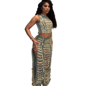 Ensemble haut court et jupe en jean pour femme, déchiré, couleur unie, sexy, tenue de club, mode été, deux pièces - Product Image 2