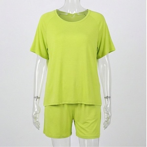 2 Piece High Quality Formal Solid Above Knee Home Wear Suit Short Sleeve T Shirt and Shorts <b>Twin</b> <b>Set</b> for Women - Product Image 1