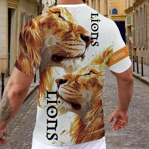 Camiseta con Sublimación Gráfica de León Dorado 3D - Estampado Artístico de Doble León, Blanca, Estilo Urbano, Manga Corta, Informal, a la Moda - Product Image 2