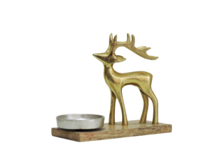 Porte-bougie décoratif en aluminium en forme de renne doré avec base en bois, centre de table de Noël - Product Image 1
